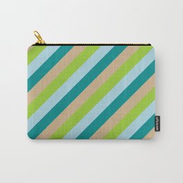 [ Thumbnail: Tan, Green, Light Blue, and Dark Cyan Colored Stripes Pattern Carry-All Pouch ]