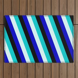 [ Thumbnail: Dark Turquoise, Light Cyan, Blue, and Black Colored Striped/Lined Pattern Outdoor Rug ]