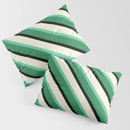 [ Thumbnail: Aquamarine, Sea Green, Black, and Beige Colored Lined/Striped Pattern Pillow Sham ]