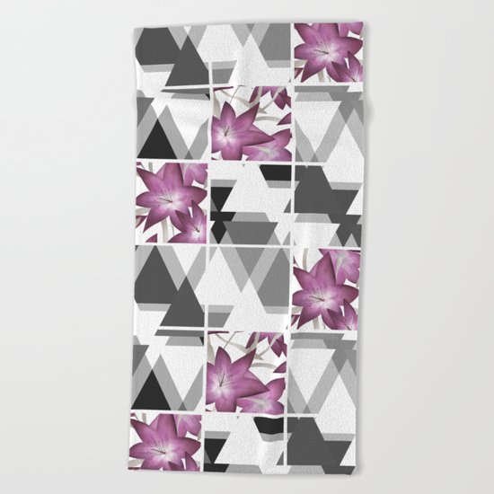 Pink lilies on grey triangles . Beach Towel
