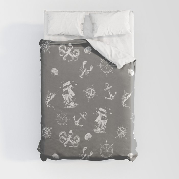 Grey And White Silhouettes Of Vintage Nautical Pattern Duvet Cover