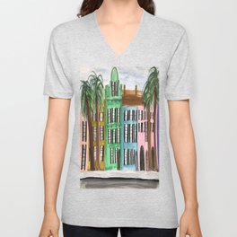 Rainbow Row Charleston South Carolina Watercolor Sketch V Neck T Shirt