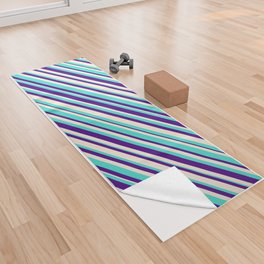 [ Thumbnail: Turquoise, Indigo, and Beige Colored Lines/Stripes Pattern Yoga Towel ]