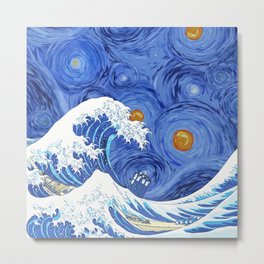 Retro Tardis Starry Night And The Great Wave Off Kanagawa Metal Print | Drwho, Thegreatwave, Sea, Painting, Kanagawawave, Boats, Space, Starrynight, Starrysky, Themountain 