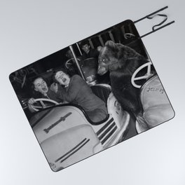 Bear with me; bear riding bumper cars scary women at carnival vintage black and white photograph - photography - photographs wall decor Picnic Blanket