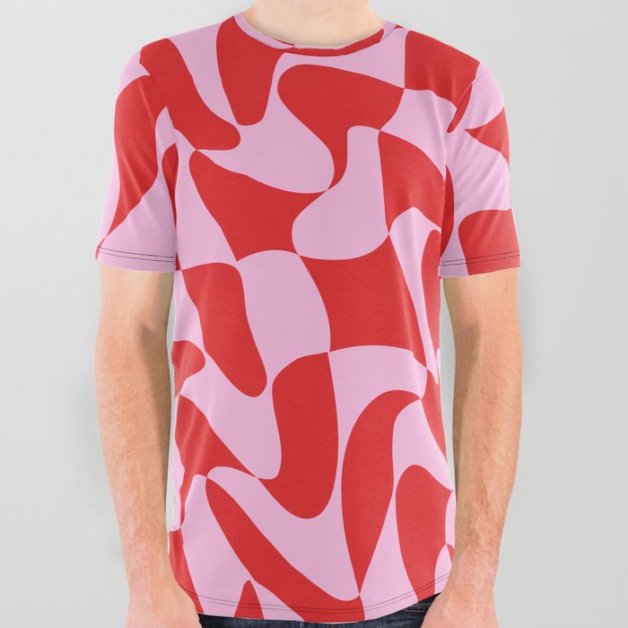 Wavy Warped Red & Pink Checkerboard All Over Graphic Tee