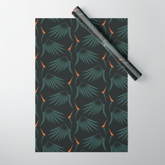 Flying Cranes Green Pattern Wrapping Paper