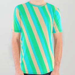 [ Thumbnail: Aqua, Tan, and Green Colored Striped/Lined Pattern All Over Graphic Tee ]