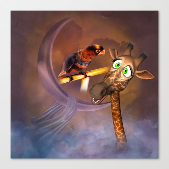 Funny cute giraffe with parrot Canvas Print