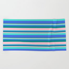 [ Thumbnail: Turquoise, Royal Blue, Dark Cyan, and Pink Colored Stripes Pattern Beach Towel ]