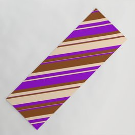 [ Thumbnail: Dark Violet, Brown & Bisque Colored Striped Pattern Yoga Mat ]