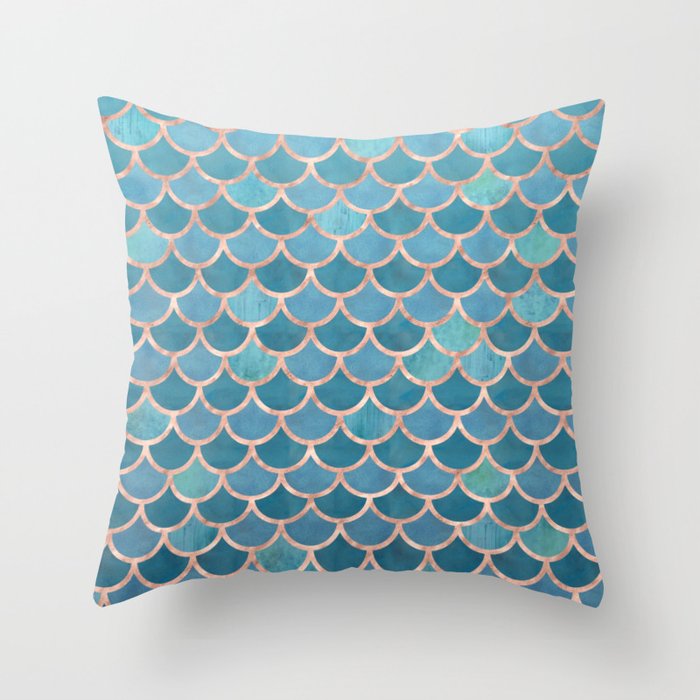 Mermaid Scales in Teal and Rose Gold Throw Pillow