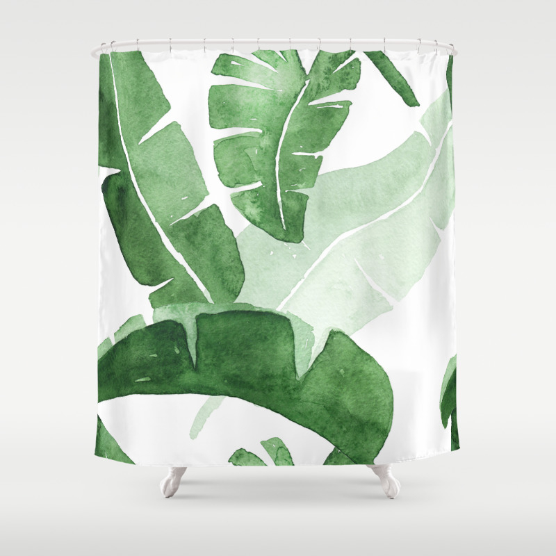 Watercolor Green Banana Leaves Tropical Leaf Pattern Gouache Painting Shower Curtain By Enshape Society6