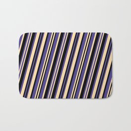 [ Thumbnail: Dark Slate Blue, Tan & Black Colored Pattern of Stripes Bath Mat ]