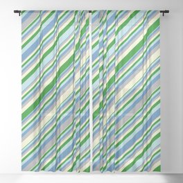 [ Thumbnail: Eye-catching Blue, Dark Gray, Light Yellow, Green, and Powder Blue Colored Lined Pattern Sheer Curtain ]