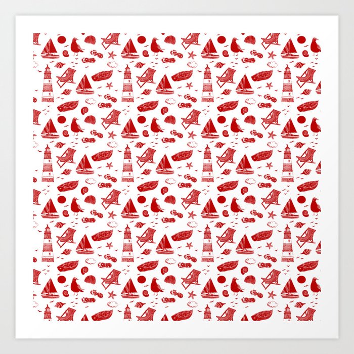 Red Summer Beach Elements Pattern Art Print