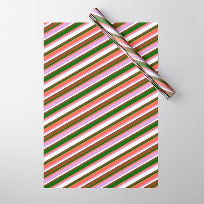 Eye-catching Red, Plum, Mint Cream, Brown, and Dark Green Colored Lined/Striped Pattern Wrapping Paper