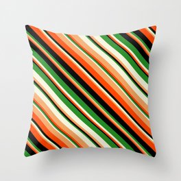 [ Thumbnail: Vibrant Forest Green, Beige, Brown, Red & Black Colored Lines Pattern Throw Pillow ]