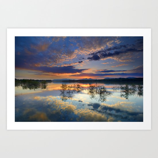 Magic reflections. Sunset at the lake Art Print