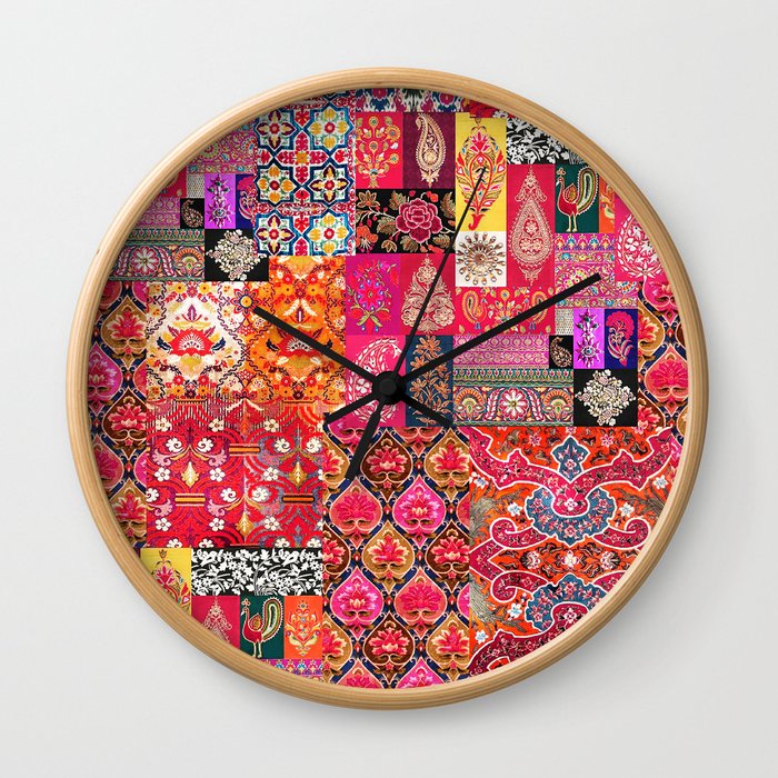 Oriental Antique Traditional Moroccan Handmade Fabric Style Collage Artwork Wall Clock