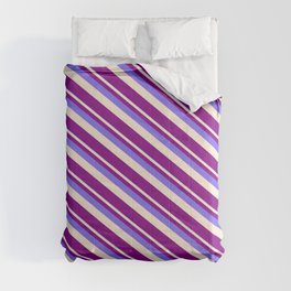 [ Thumbnail: Medium Slate Blue, Beige & Purple Colored Stripes/Lines Pattern Comforter ]