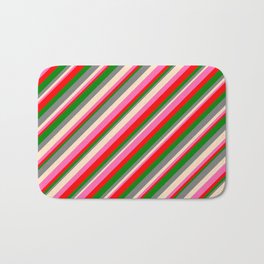 [ Thumbnail: Eye-catching Gray, Bisque, Hot Pink, Red & Green Colored Lines/Stripes Pattern Bath Mat ]