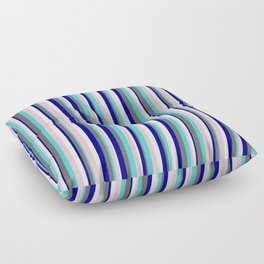 [ Thumbnail: Eye-catching Dark Blue, Dim Gray, Turquoise, Pink, and White Colored Lined/Striped Pattern Floor Pillow ]