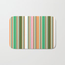 [ Thumbnail: Colorful Sea Green, Light Pink, Dark Olive Green, Brown, and White Colored Lines Pattern Bath Mat ]