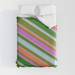 [ Thumbnail: Eyecatching Green, Orchid, Powder Blue, Coral & Forest Green Colored Lined Pattern Duvet Cover ]