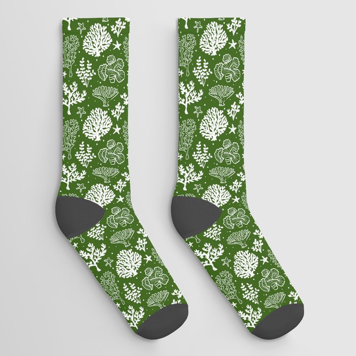 Green And White Coral Silhouette Pattern Socks