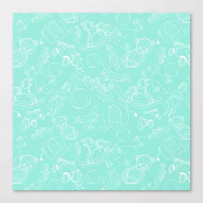 Mint Blue and White Toys Outline Pattern Canvas Print