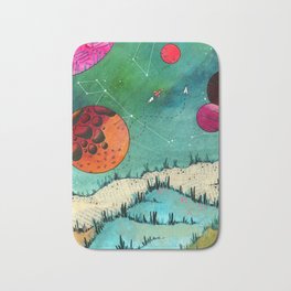 Sooner or Later Bath Mat | Vibrant, Rocket, Moon, Aqua, Cheerful, Paper, Unique, Outerspace, Paperairplane, Finalfrontier 