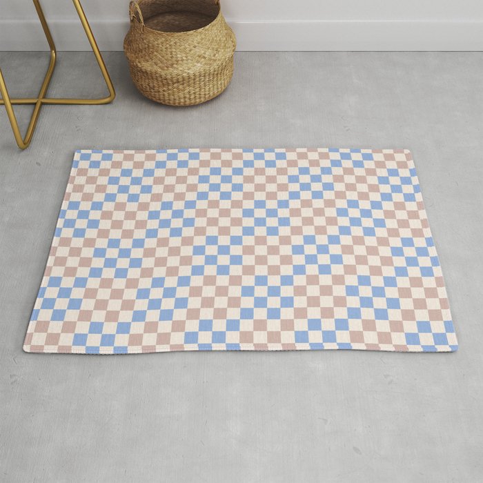 Retro Vintage Check in Baby Blue and Rose Smoke Tan Rug