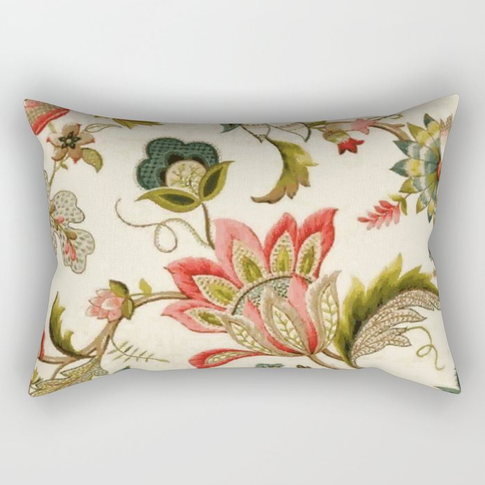Jacobean Floral Crewel Embroidery Pattern Digital Art Vector Painting Rectangular Pillow
