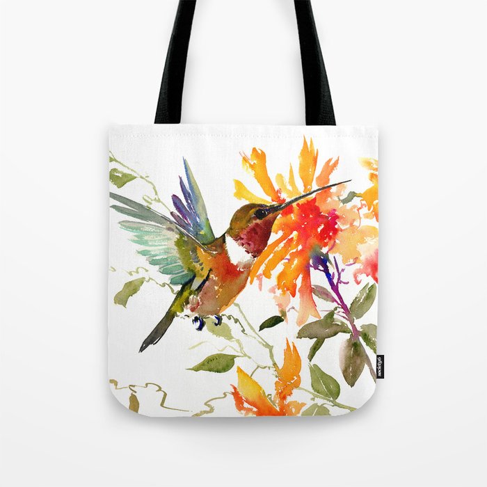 Hummingbird and Orange Floral Design, tropical Hawaiian Colors Tote Bag