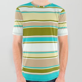 [ Thumbnail: Colorful Dark Turquoise, Pale Goldenrod, Green, Mint Cream & Tan Colored Lined/Striped Pattern All Over Graphic Tee ]