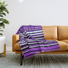 [ Thumbnail: Dark Orchid, Indigo, Light Cyan, and Black Colored Striped/Lined Pattern Throw Blanket ]