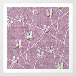 Embroidery Texture Watercolor Butterflies on Dusty Pink Linen Art Print