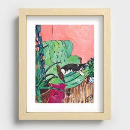 Napping Tuxedo Cat in Overstuffed Sage Green Armchair with Pink Interior After Matisse Painting Recessed Framed Print