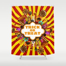 Halloween Trick or Treat Candy and sweets. Autumn october holiday tradition celebration poster. Vintage illustration isolated Shower Curtain