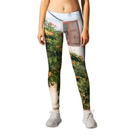 Greek Square Filled with Nature | Mediterranean Town in the Sun | Botanical Travel Photography Leggings