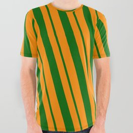 [ Thumbnail: Dark Orange & Dark Green Colored Striped/Lined Pattern All Over Graphic Tee ]