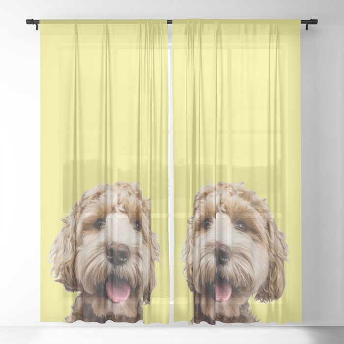 Happy Goldendoodle on Yellow Background Sheer Curtain