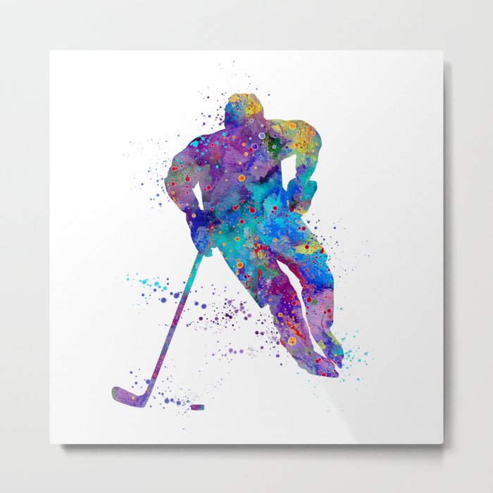 Boy Ice Hockey Colorful Sports Art Watercolor Gift Metal Print
