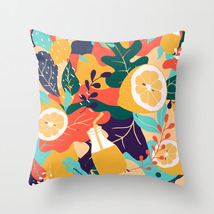 Colorful Tropical Citrus and Leaves Pattern  Throw Pillow
