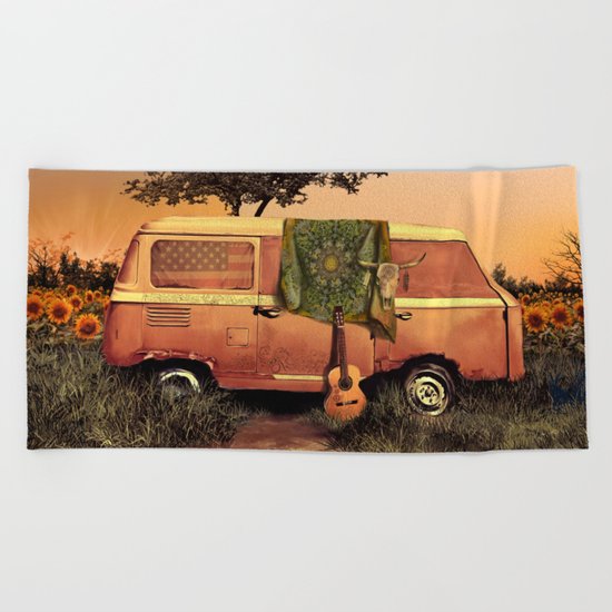 summer sunset landscape with skull and guitar Beach Towel