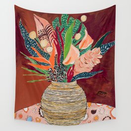 Autumnal Bouquet of Flowers in Woven Basket Vase on Warm Auburn Rust Still Life Fall Floral Painting Wall Tapestry