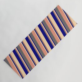 [ Thumbnail: Dim Gray, Dark Salmon, Tan & Blue Colored Lined/Striped Pattern Yoga Mat ]