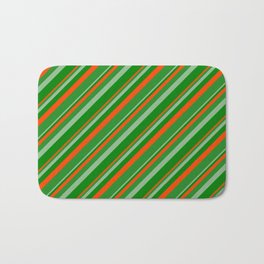 [ Thumbnail: Dark Sea Green, Green, Red & Forest Green Colored Lined/Striped Pattern Bath Mat ]