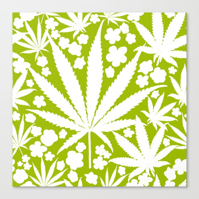 Modern Retro Green And White Cannabis Leaves And Flowers Silhouette Botanical Ditzy Pattern Canvas Print